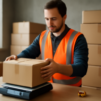Pekerja menimbang paket di atas timbangan digital untuk menghitung biaya logistik ekspedisi per kilogram