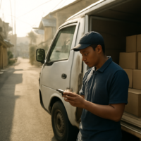 Kurir ekspedisi memeriksa rute pengiriman di samping armada truk box yang penuh paket