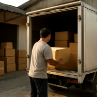 Pengusaha kecil menaikkan kardus ke truk boks untuk pengiriman ekspedisi