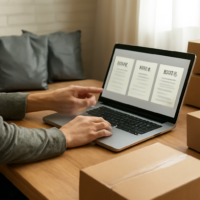 Pemilik bisnis online membandingkan pilihan ekspedisi di meja packing